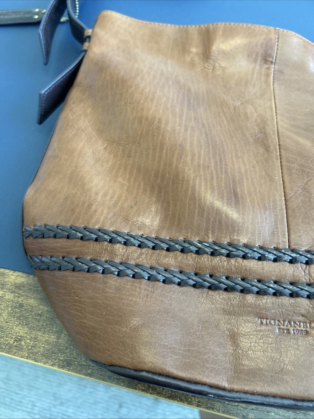 Tignanello Brown Leather Tote/Bucket Bag/Purse With Boho Braid Detail EUC